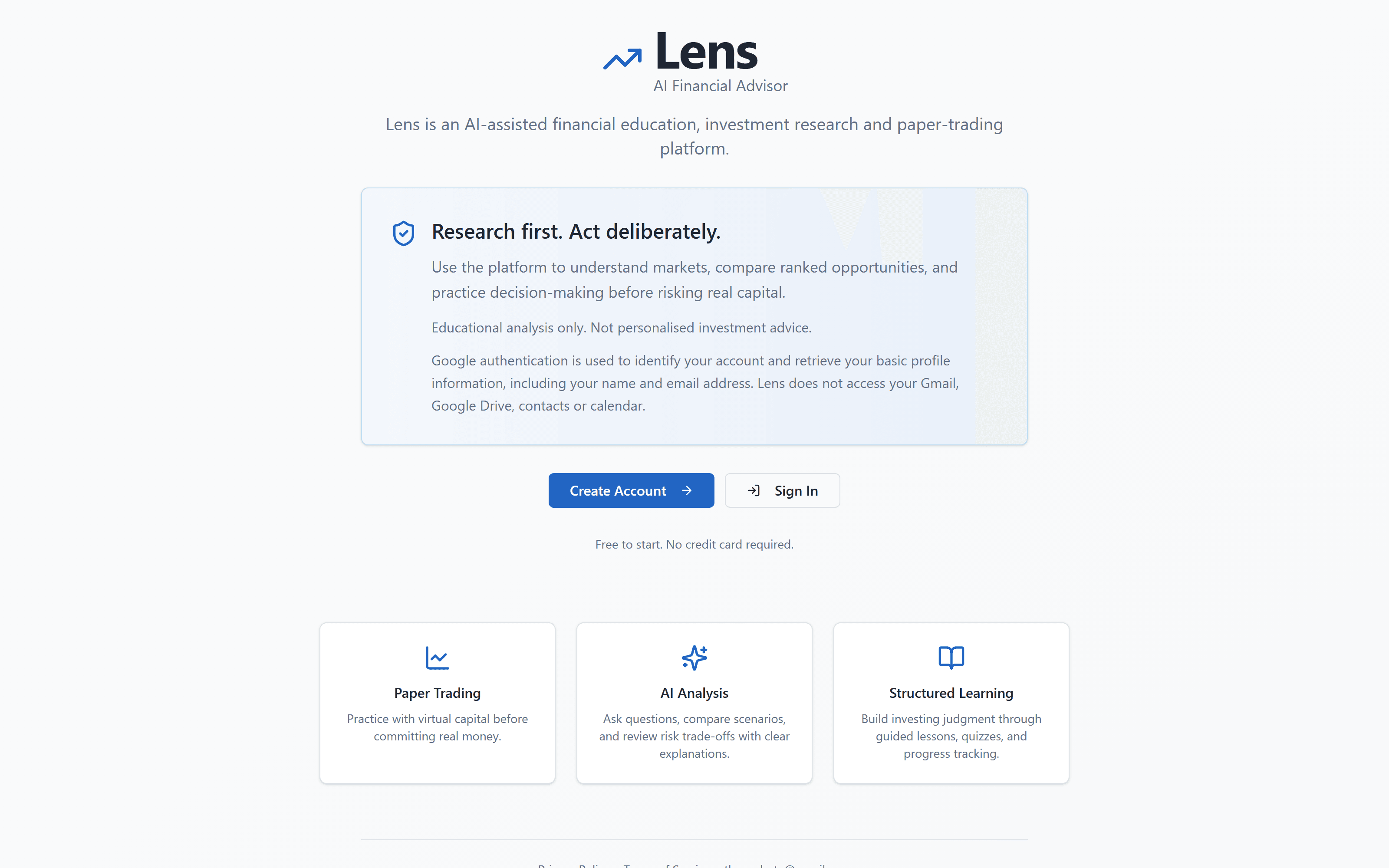 The Lens home page, headlined “Research first. Act deliberately.”, with its paper trading, AI analysis and structured learning panels.